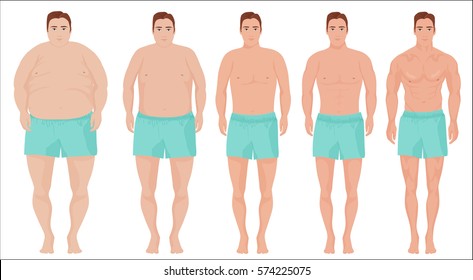 Man diet concept. Men slimming stage progress. Man before and after a diet