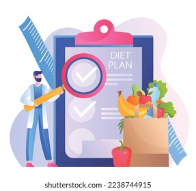 Man with diet plan. Young guy with magnifying glass studies products. Proper nutrition and health care. Active lifestyle and sports, nutritionist at workplace. Cartoon flat vector illustration