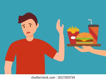 Man dieting and refuse junk food in flat design. Stop eating unhealthy or fast food for good health.