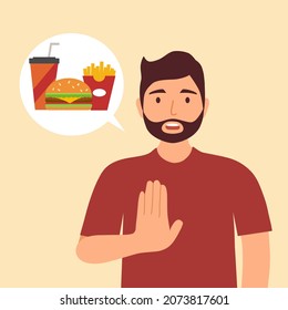 Man dieting and refuse junk food in flat design. Stop eating unhealthy or fast food for good health.