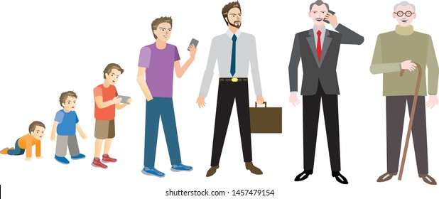 Man in different age. From child to old person. Teenager, adult and baby generation. Aging process. Isolated vector illustration in cartoon style	
Man in different age - Vector