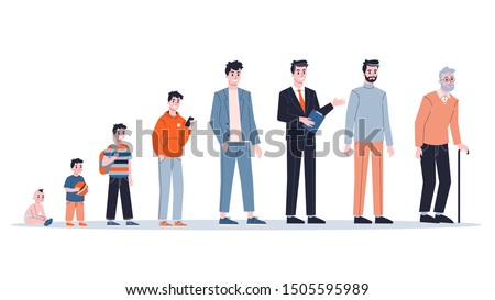 Man in different age. From child to old person. Teenager, adult and baby generation. Aging process. Isolated vector illustration in cartoon style