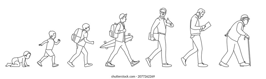 Man at different ages. From a child to an elderly person. The aging process. Hand drawn vector illustration. Black and white.
