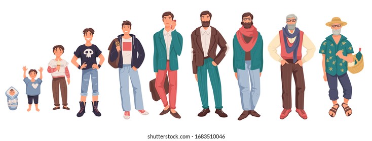 Man in different ages isolated characters vector. Baby and toddler, kid or child, teenager and young guy, adult and elderly person, life cycle. Generation of people and human stages of growing up