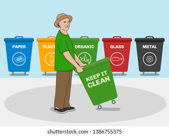 man with different color of garbage bin