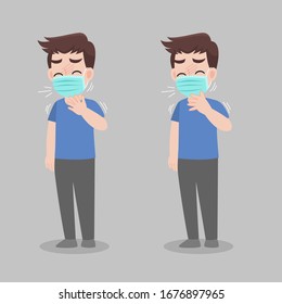 Man with different diseases symptoms - fever, cough, snot. wearing a surgical protective Medical mask for prevent virus Wuhan Covid-19.Corona virus. Health care concept.
