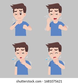 Man with different diseases symptoms - fever, cough, snot. Set of icons about child illness signs. Health care concept.