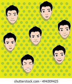 Man with different emotions and expressions vector set, face only, pop art style 