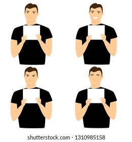 a man with different emotions. a man holds an empty form