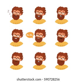 Man with different emotions. Joy, sadness, anger, talking, funny, fear, smile. Set.  Isolated illustration on white background. Vector. Cartoon. Flat. Face expressions.