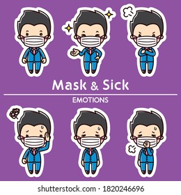 Hombre con diferentes emociones. Ilustraciones del Hombre Enfermo Enmascarado.