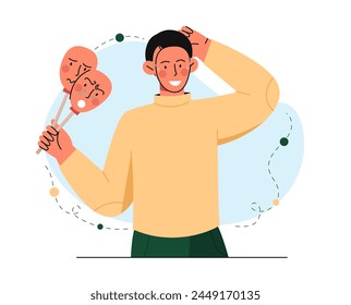 Hombre con emociones diferentes. Chico joven con máscaras faciales en las manos. Trastorno mental y problemas psicológicos. Pretendiente e hígado con sentimientos negativos o positivos. Ilustración vectorial plana de dibujos animados