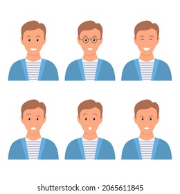 Hombre con diferentes emociones faciales. Colección de expresiones de tipo facial. Caricatura de retratos masculinos. Vector aislado en blanco