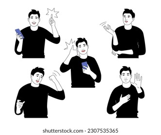 Man with different gestures. Human reactions such as win or stop. Pointing finger and call me hands positions. Vector illustration set isolated on white background.