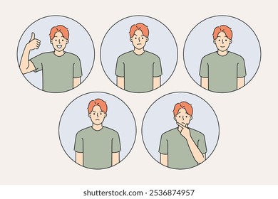 Man with different moods shows positive and negative or surprised grimace, standing dressed in casual clothes. Round portraits of young man with good and bad mood or thoughtful look