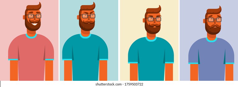 Man in different moods:  smiling, sad, angry, calm