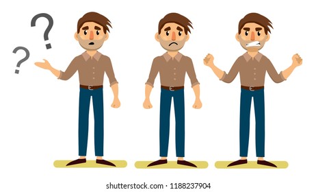 A man in different poses and with different emotions. Isolated flat vector illustration
