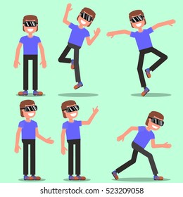 man in different poses getting experience using VR-headset glasses of virtual reality, full length. vector illustration, flat style. model suitable for animation (individual segments)