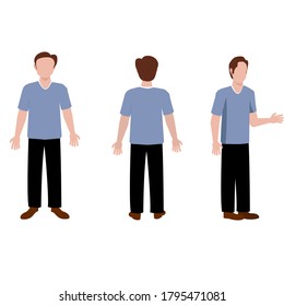 Man in different projections. flat design. Set of young guys in t-shirt in flat design style. Isolated vector illustration on white background