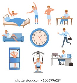 Man in different situations. Day time. Waking up, doing exercises, brushing teeth, eating, resting on sofa, running on work, taking shower, training at gym, working. Flat vector