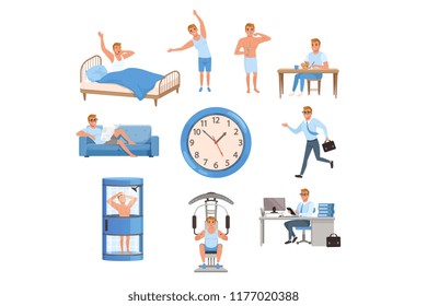 Man in different situations. Day time. Waking up, doing exercises, brushing teeth, eating, resting on sofa, running on work, taking shower, training at gym, working. Flat vector