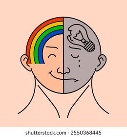 Man with different thinking. mood swings, positive thinking and anxiety. flat vector illustration isolated on white background