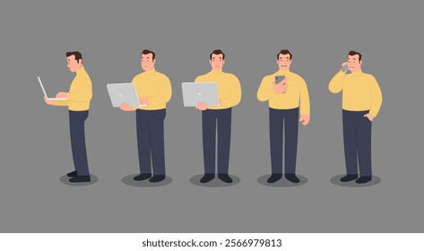 A Man different views with a laptop and mobile using. Vector illustration