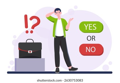 Homem com escolha difícil. Empresário com maleta perto de sim ou sem opções. Processo decisório, dúvidas e incerteza. Cara intrigado e confuso. Ilustração de vetor plano