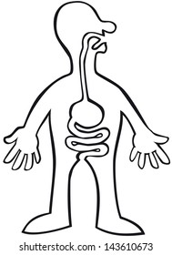 Man with digestive tract lined out. Plain black and white, no colors, no gradients. Lines, white and digestive tract on different layers - easy to adjust to your needs.