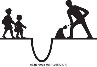 A man digging a big hole and a boy and a girl watching it