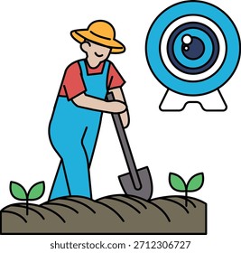 A man is digging in the dirt with a shovel. The image is of a man in a hat and overalls, holding a shovel and digging in the dirt. Scene is one of hard work and determination