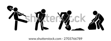 Man digging earth icon, stickman excavator working with a shovel, stick figure human silhouette set