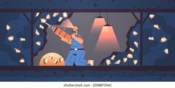 man digging and extracting bitcoins in mine cave mining crypto coins digital cryptocurrency concept