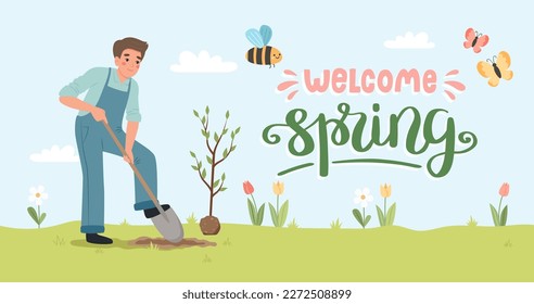 Man digging up ground with shovel to plant a tree. Male working in garden. Banner with lettering, vector illustartion in flat cartoon style