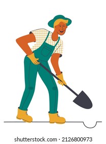 Man digging ground using shovel to planting a plant at home garden.
