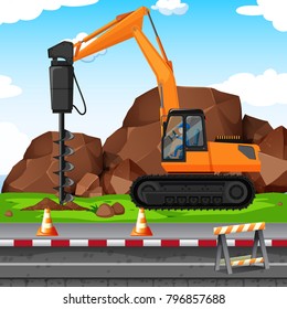 Man digging hole with drill at the construction site illustration