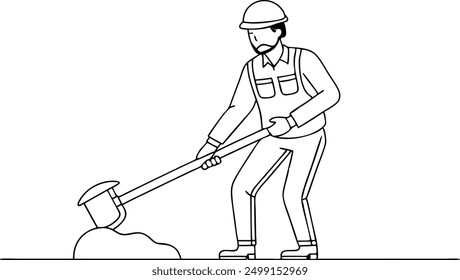 A man is digging a hole with a shovel. He is wearing a hard hat and safety glasses