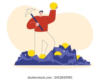 Man is digging looking for lots of coins. Character design. Vector flat illustration