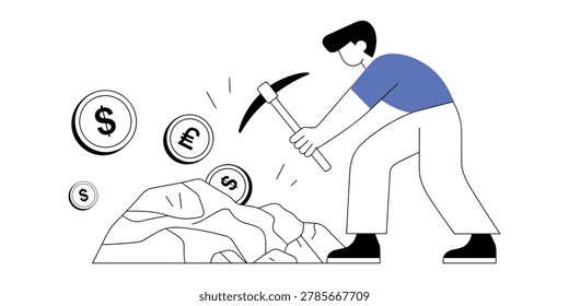Man digging for money coins with pickaxe person in white background