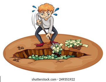 A man digging the money in the pit on a white background