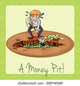 Man digging pit full of money illustration