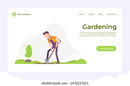 Man digging for plant Gardening Concept Vector Flat Illustration for landing page, wallpaper, background, banner, advertising, web, business