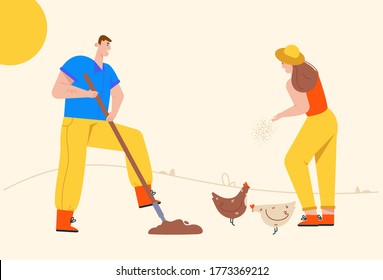 Man digging shovel earth, is engaged in agriculture. Woman feeds chickens, is engaged in poultry farming. Couple of farmers work on farm together. Vector character illustration of village lifestyle