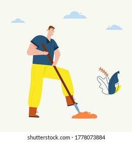 Man digging shovel earth, is engaged in agriculture. Farmer works on farm. Vector character illustration of village lifestyle