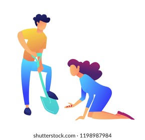 Man digging with showel and woman planting seeds vector illustration.