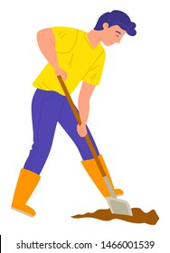 Man Digging Soil, Agricultural Work, Worker Wearing Boots Standing Outdoor. Person Holding Shovel, Gardening Season, Male With Spade, Cultivate Vector. Flat Cartoon