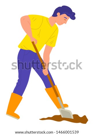 Man digging soil, agricultural work, worker wearing boots standing outdoor. Person holding shovel, gardening season, male with spade, cultivate vector. Flat cartoon