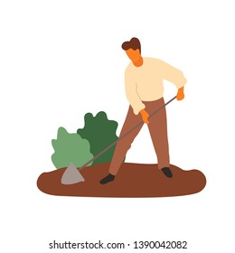 Man digging the soil. Vector isolated flat illustration