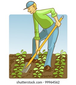 Man digging spring soil with shovel