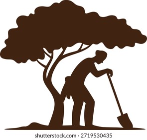 Ilustração de homem cavando sob a silhueta de árvore